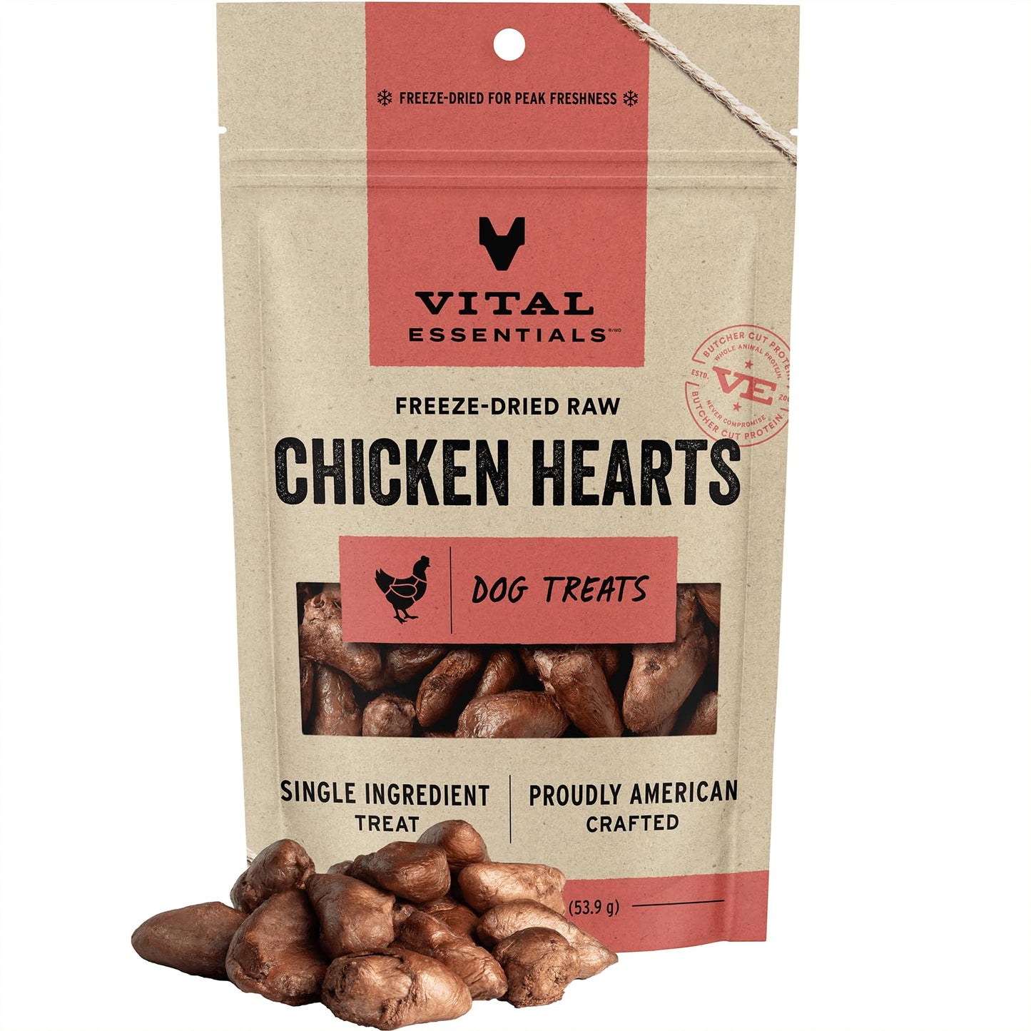 Vital Essentials Freeze Dried Raw Single Ingredient Dog Treats, Chicken Hearts, 1.9 oz