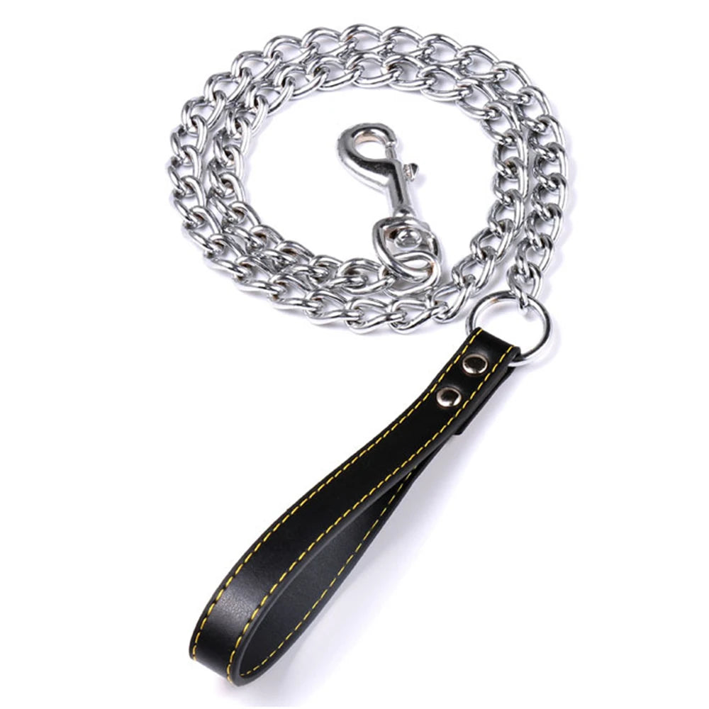 Metal Chain Dog Lead With Leather Style Handle