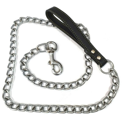 Metal Chain Dog Lead With Leather Style Handle